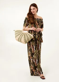 Trousers>Blue Vanilla Khaki Plisse Tropical Print Wide Leg Trousers