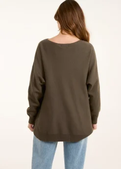 Tops>Blue Vanilla Khaki Pocket Slash Neck Jumper
