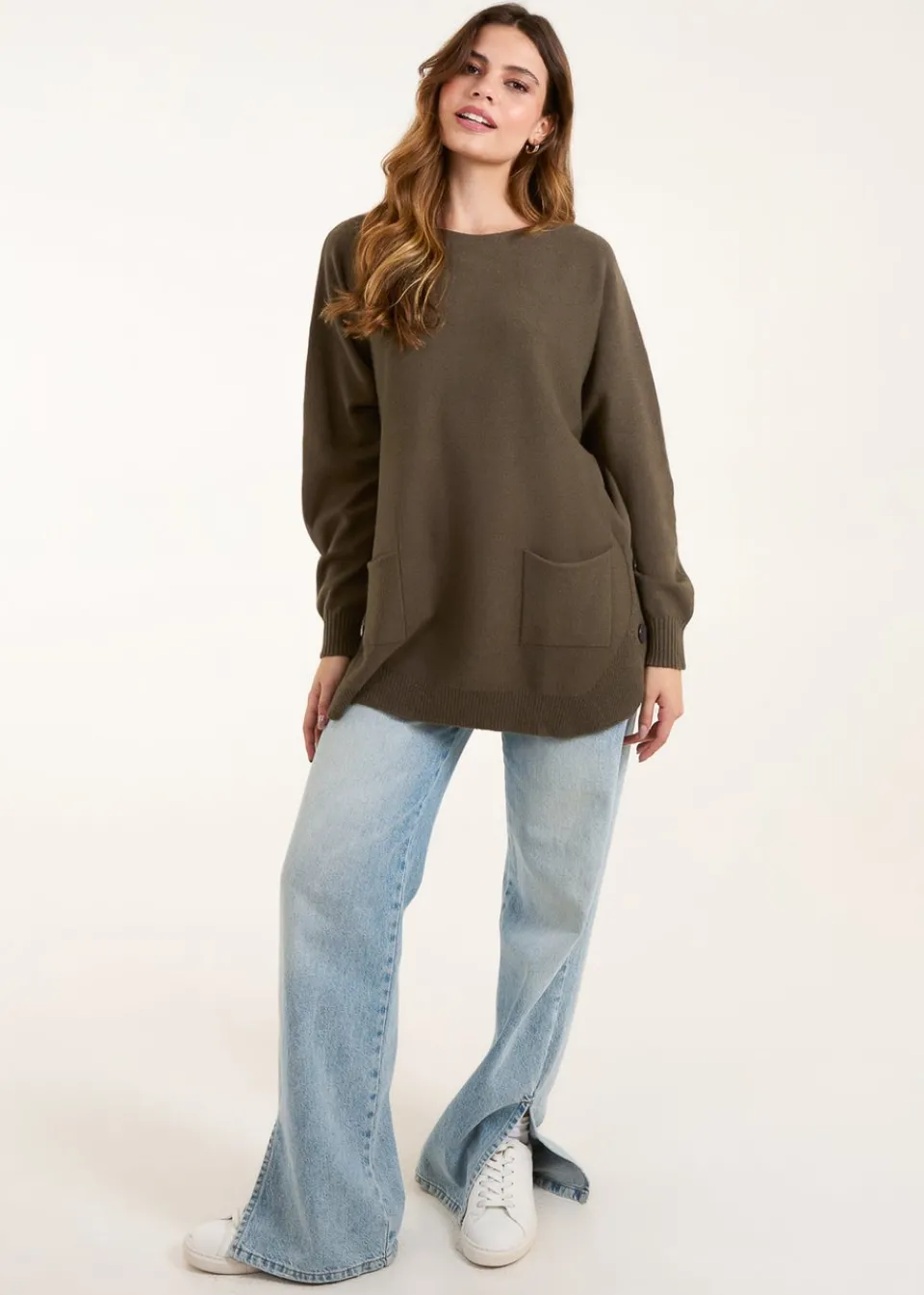 Tops>Blue Vanilla Khaki Pocket Slash Neck Jumper