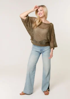 Tops>Blue Vanilla Khaki Round Neck Net Top