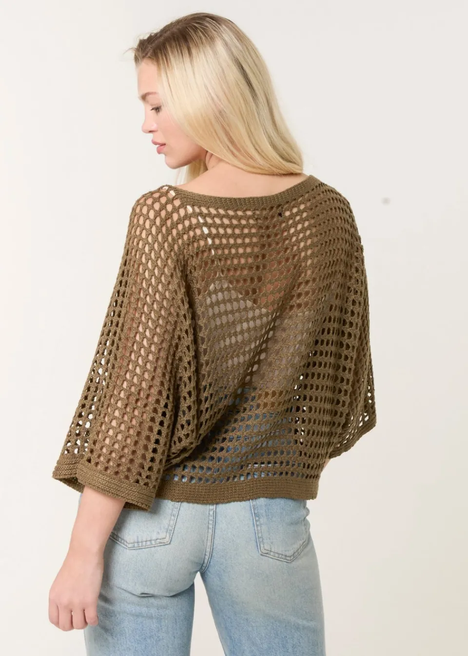 Tops>Blue Vanilla Khaki Round Neck Net Top