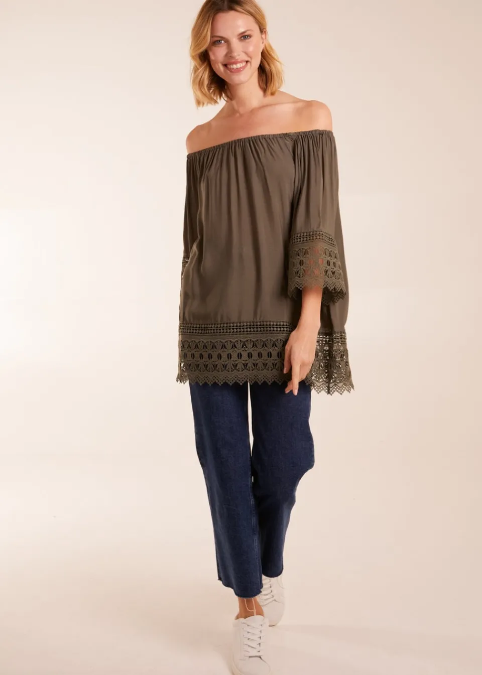 Tops>Blue Vanilla Khaki Round Neck Detail Blouse