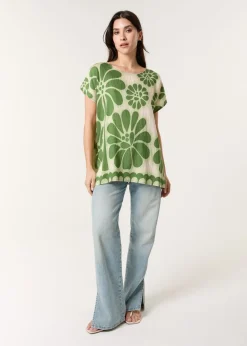 Tops>Blue Vanilla Khaki Round Neck Floral Top