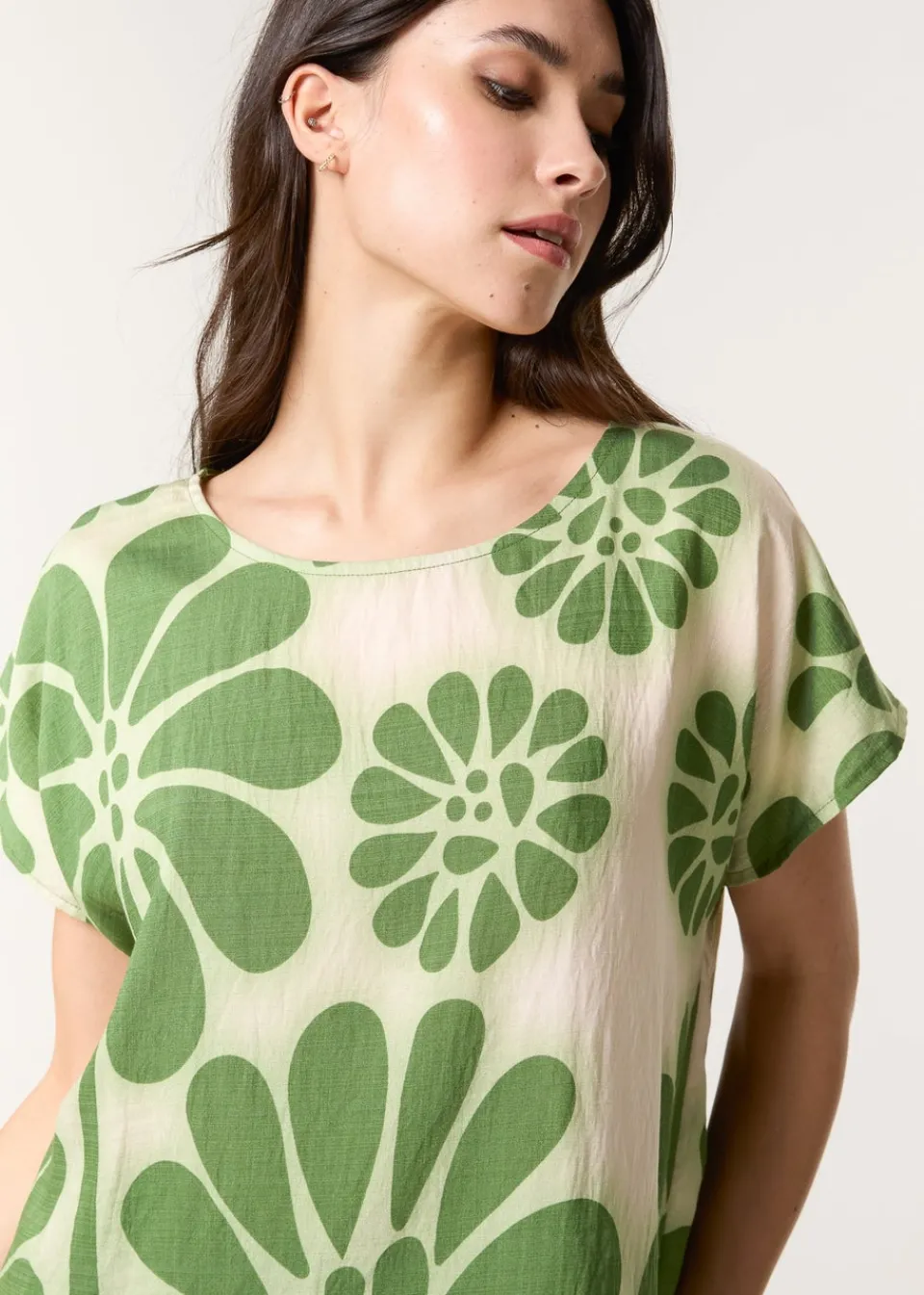 Tops>Blue Vanilla Khaki Round Neck Floral Top