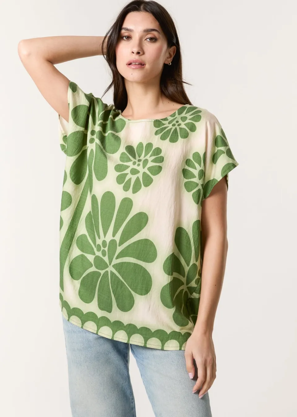Tops>Blue Vanilla Khaki Round Neck Floral Top