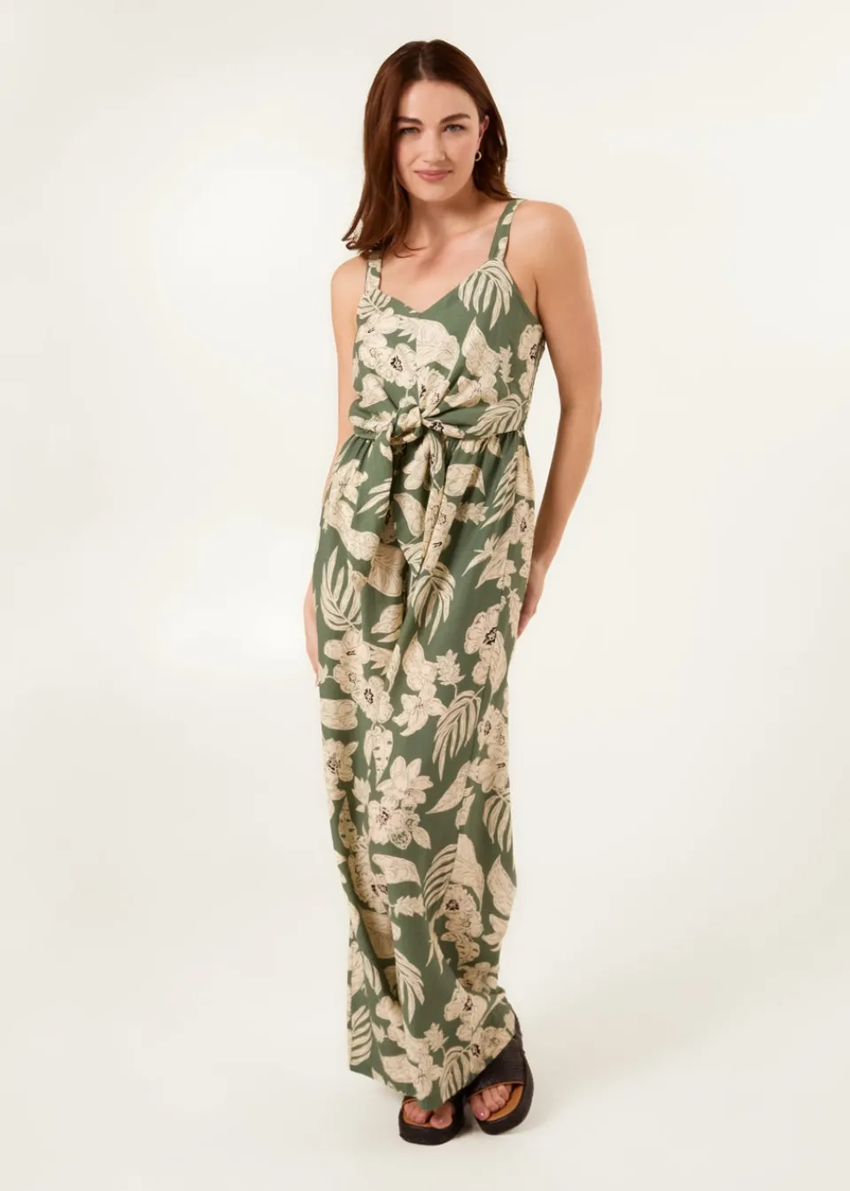 Jumpsuits & Playsuits>Blue Vanilla Khaki Tropical Print Tie Front Jumpsuit