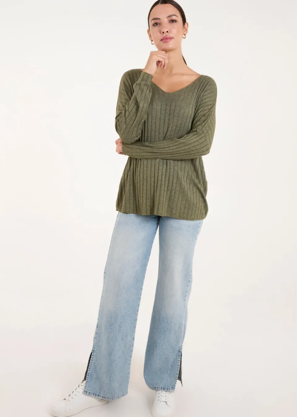 Tops>Blue Vanilla Khaki V-Neck Ribbed Jumper