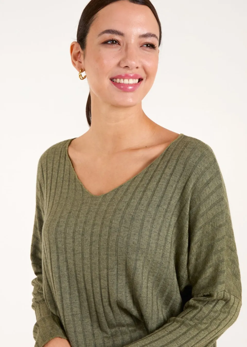 Tops>Blue Vanilla Khaki V-Neck Ribbed Jumper