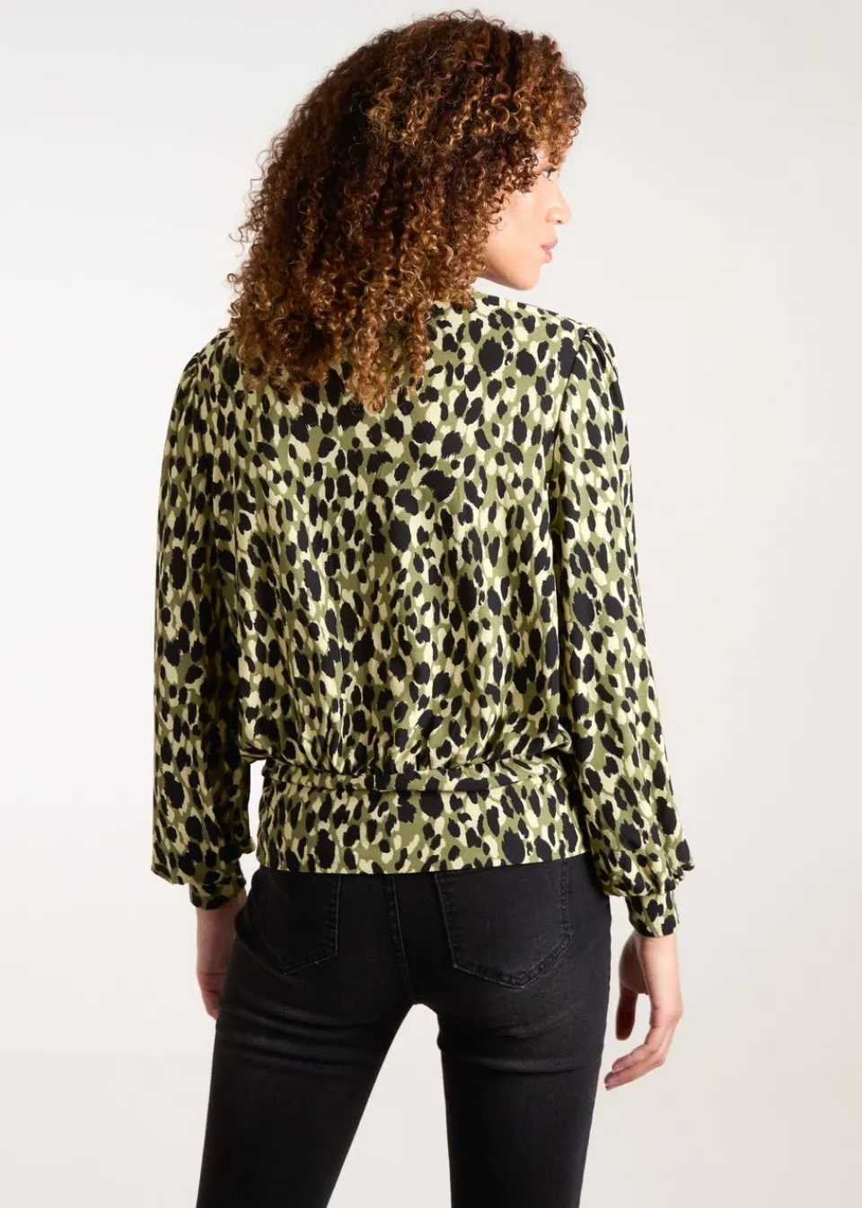 Tops>Blue Vanilla Khaki Wrap Front Geometric Deep Hem Band Top