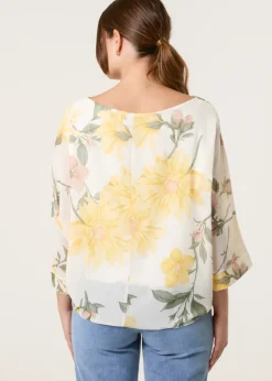 Tops>Blue Vanilla Lemon Floral Chiffon Batwing Blouse