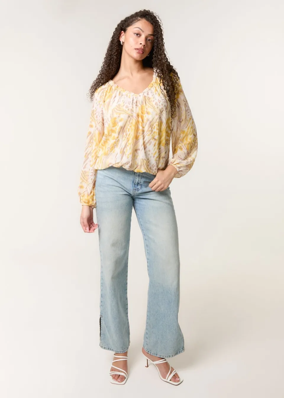 Tops>Blue Vanilla Lemon V Neck Gathered Bubble Hem Top