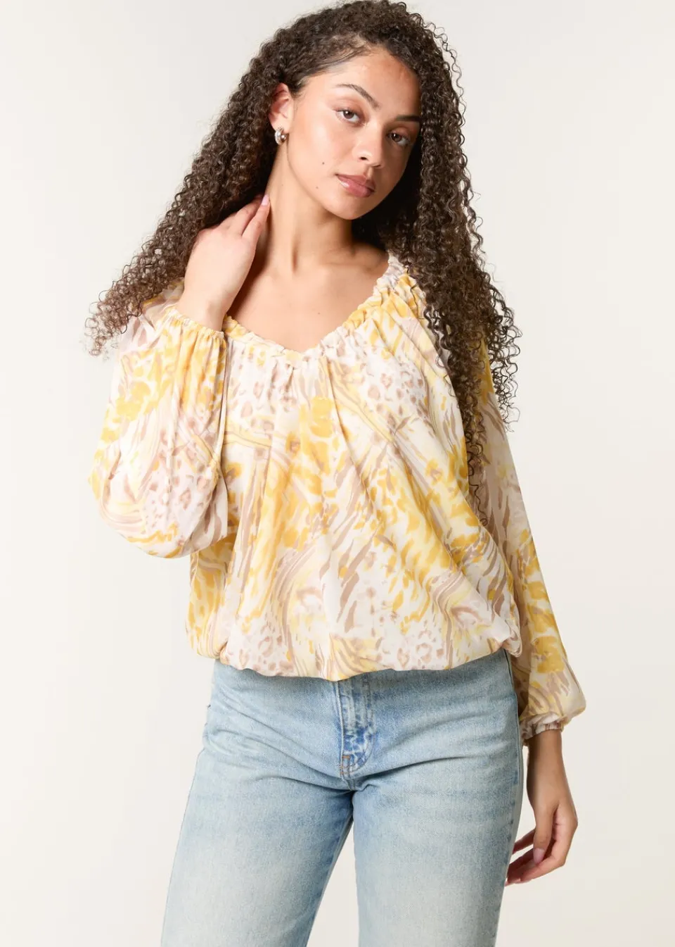 Tops>Blue Vanilla Lemon V Neck Gathered Bubble Hem Top