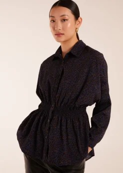 Tops>Blue Vanilla Leopard Print Shirred Waist Shirt