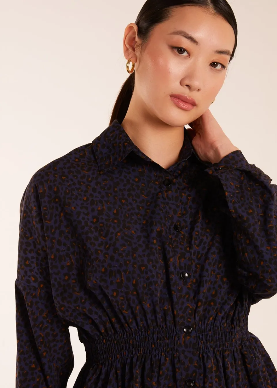 Tops>Blue Vanilla Leopard Print Shirred Waist Shirt