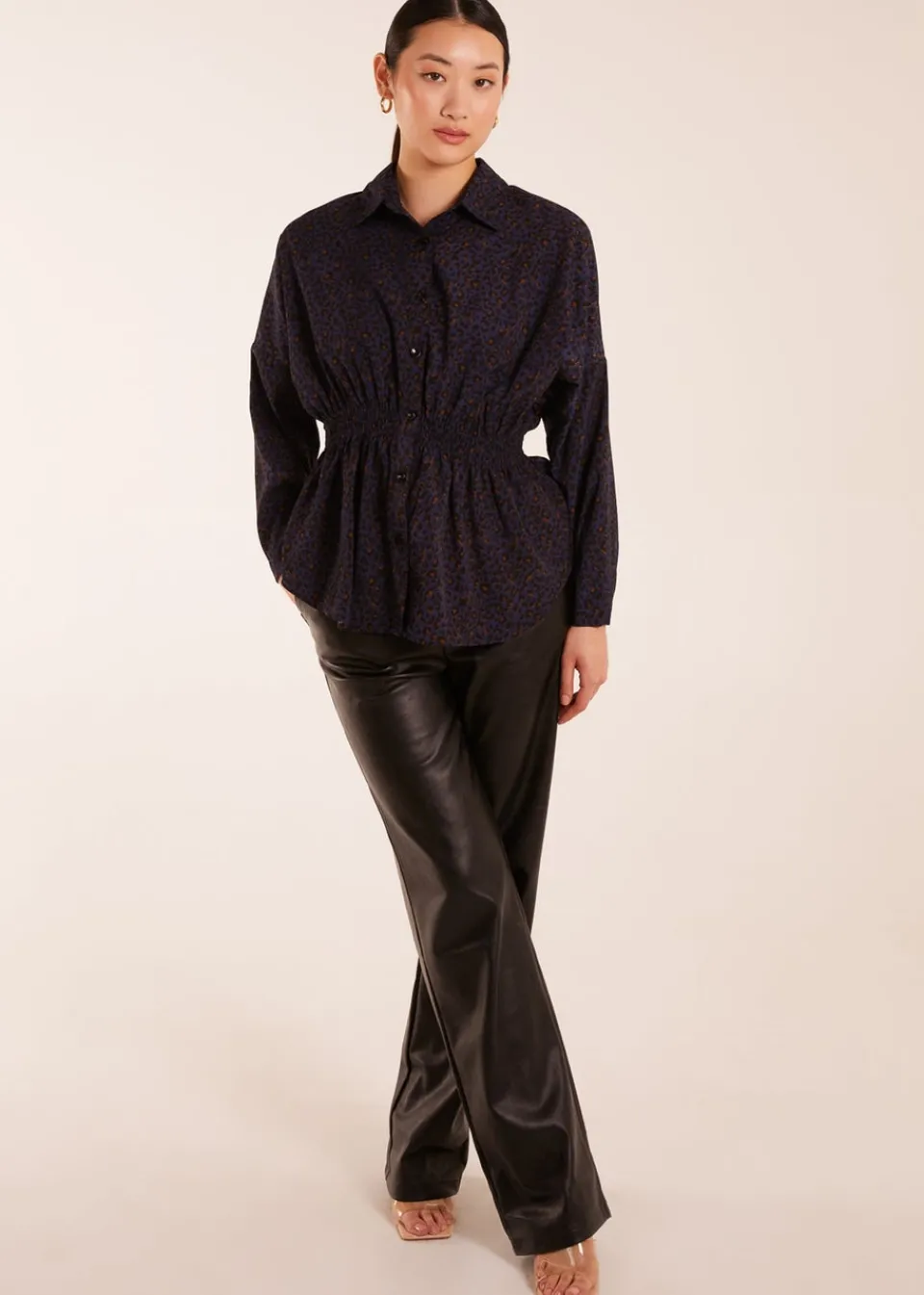 Tops>Blue Vanilla Leopard Print Shirred Waist Shirt