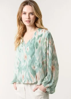 Tops>Blue Vanilla Mint V Neck Water Colour Print Blouse
