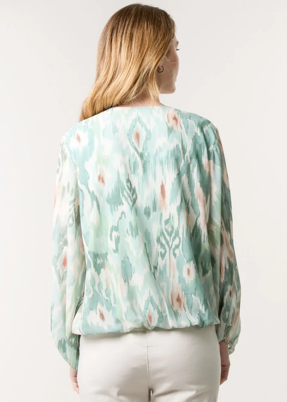Tops>Blue Vanilla Mint V Neck Water Colour Print Blouse