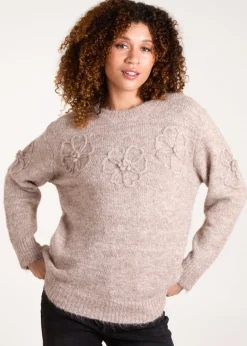 Knitwear>Blue Vanilla Mocha Knit Flower Embroidery Jumper