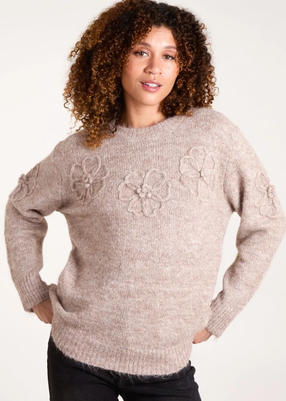 Knitwear>Blue Vanilla Mocha Knit Flower Embroidery Jumper