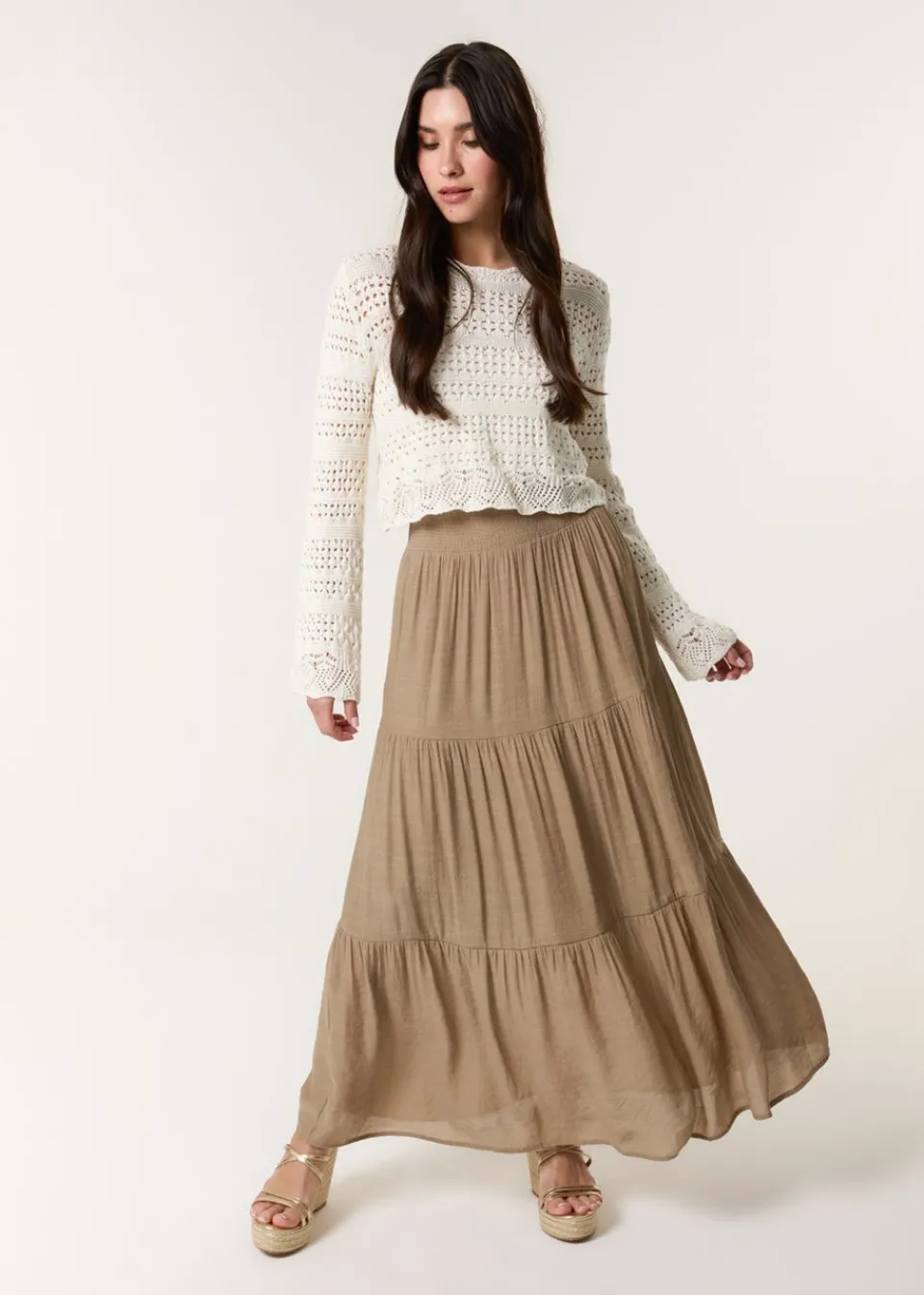 Skirts>Blue Vanilla Mocha Shirring Waist Tiered Maxi Skirt