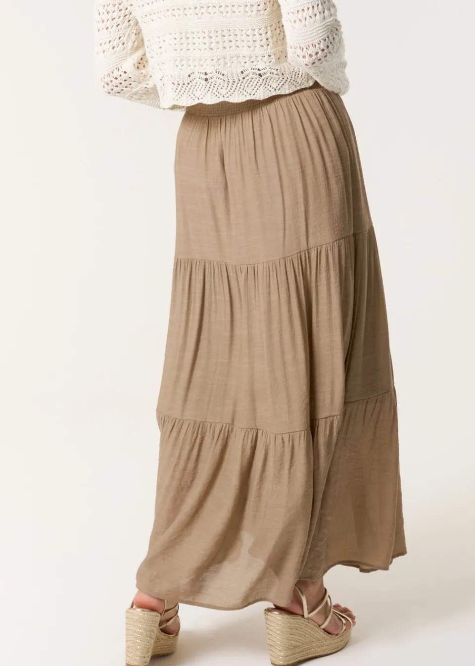 Skirts>Blue Vanilla Mocha Shirring Waist Tiered Maxi Skirt