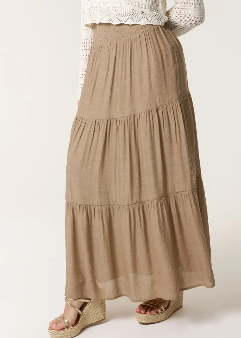 Skirts>Blue Vanilla Mocha Shirring Waist Tiered Maxi Skirt