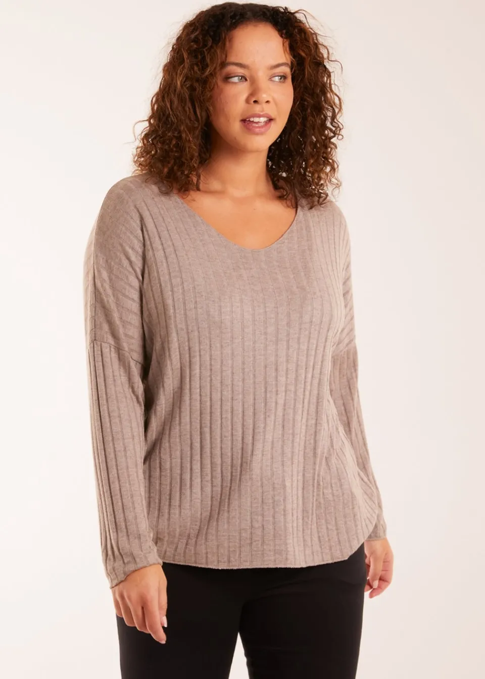 Tops>Blue Vanilla V-Neck Ribbed Jumper Mocha