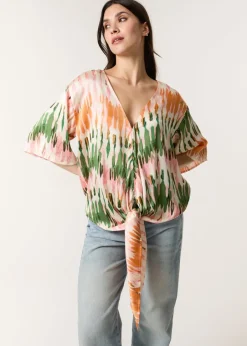 Tops>Blue Vanilla Multi Satin Tie Front Blouse