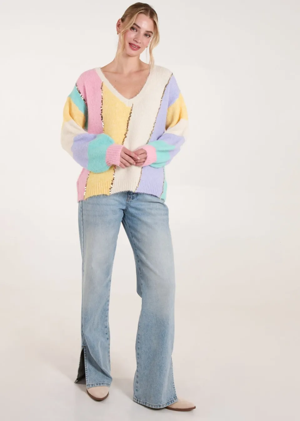 Tops>Blue Vanilla Multi Stripe Sequin Detailed Jumper