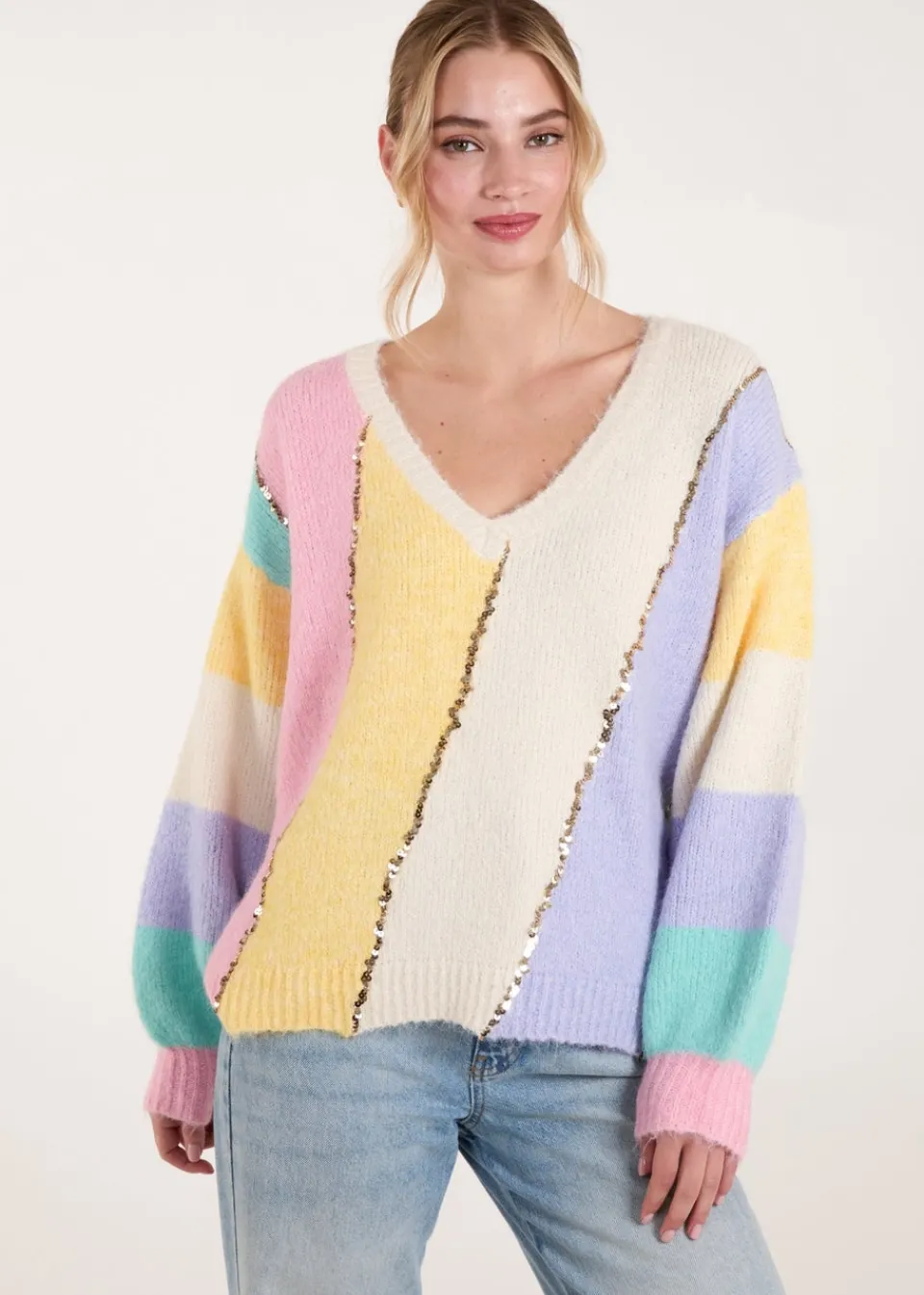 Tops>Blue Vanilla Multi Stripe Sequin Detailed Jumper