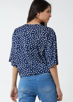 Tops>Blue Vanilla Navy Abstract Spot Tie Front Batwing Top