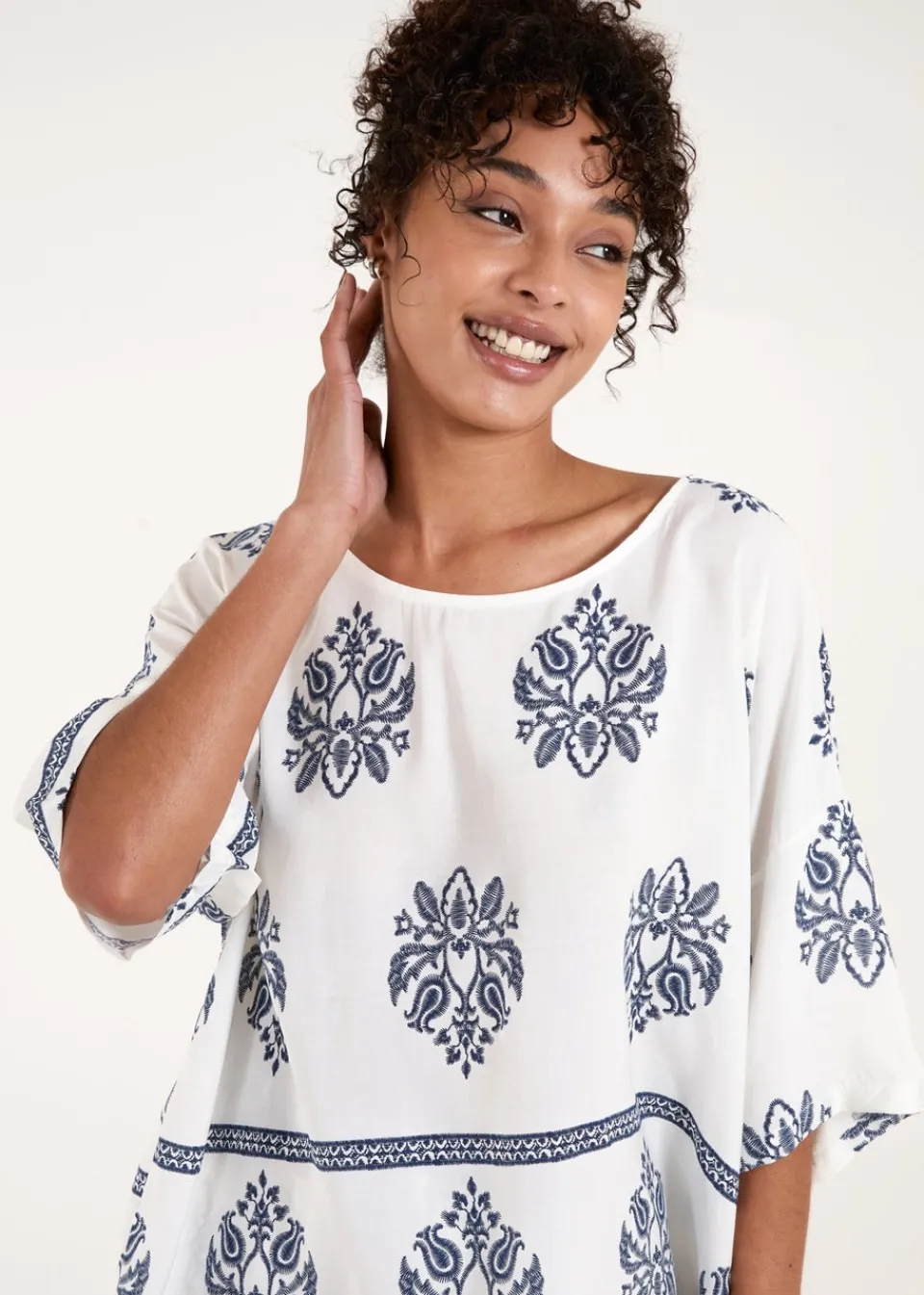 Tops>Blue Vanilla Navy Border Print Top