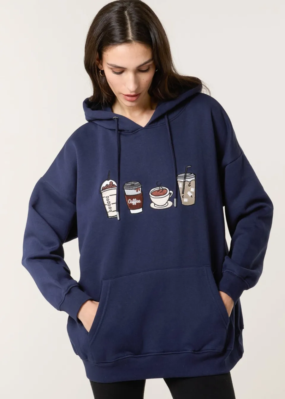 Loungewear>Blue Vanilla Navy Coffee Embroidered Hoodie