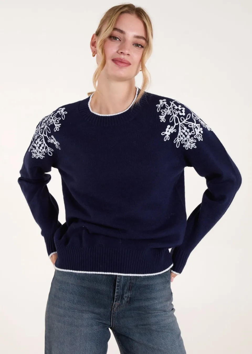 Tops>Blue Vanilla Navy Detailed Embroidery Shoulder Jumper