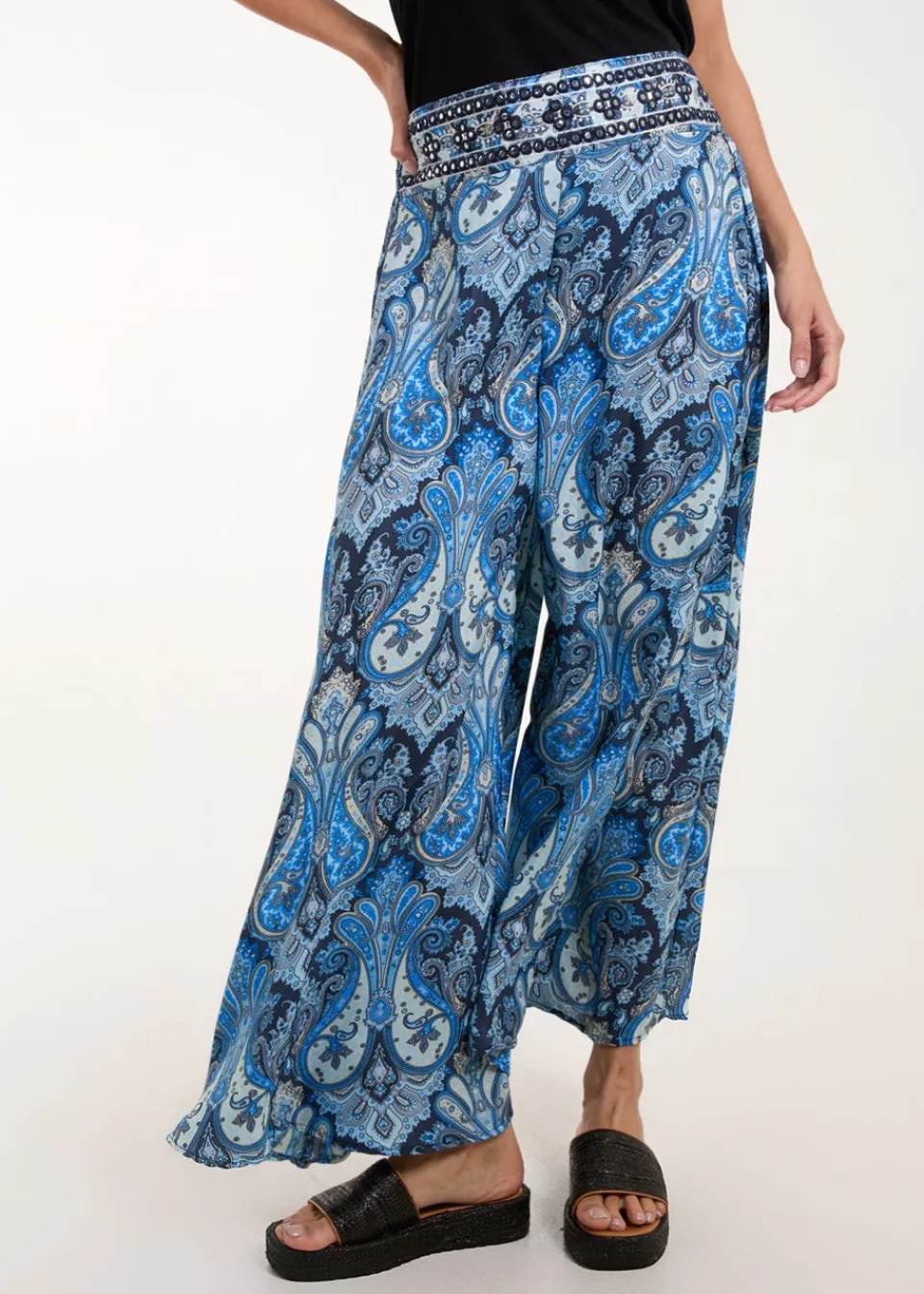 Trousers>Blue Vanilla Navy Embellished Waist Wide Leg Trouser