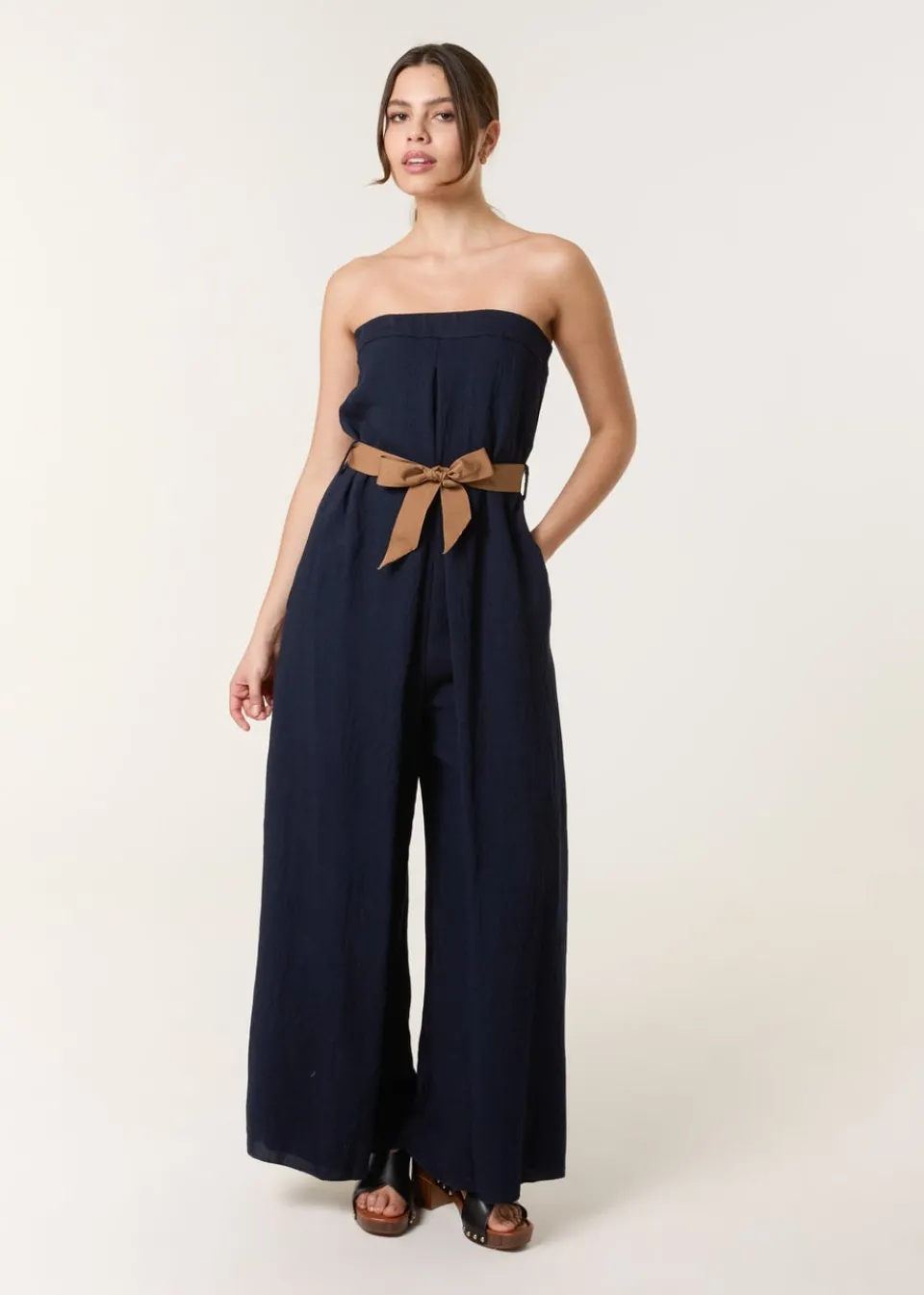 Jumpsuits & Playsuits>Blue Vanilla Navy Linen Belted Wide Bandeau Jumpsuit
