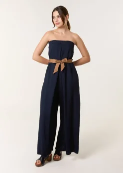 Jumpsuits & Playsuits>Blue Vanilla Navy Linen Belted Wide Bandeau Jumpsuit