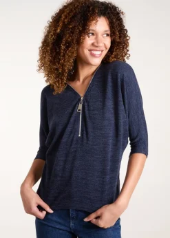 T-Shirts>Blue Vanilla Navy Metallic Zip Front Top