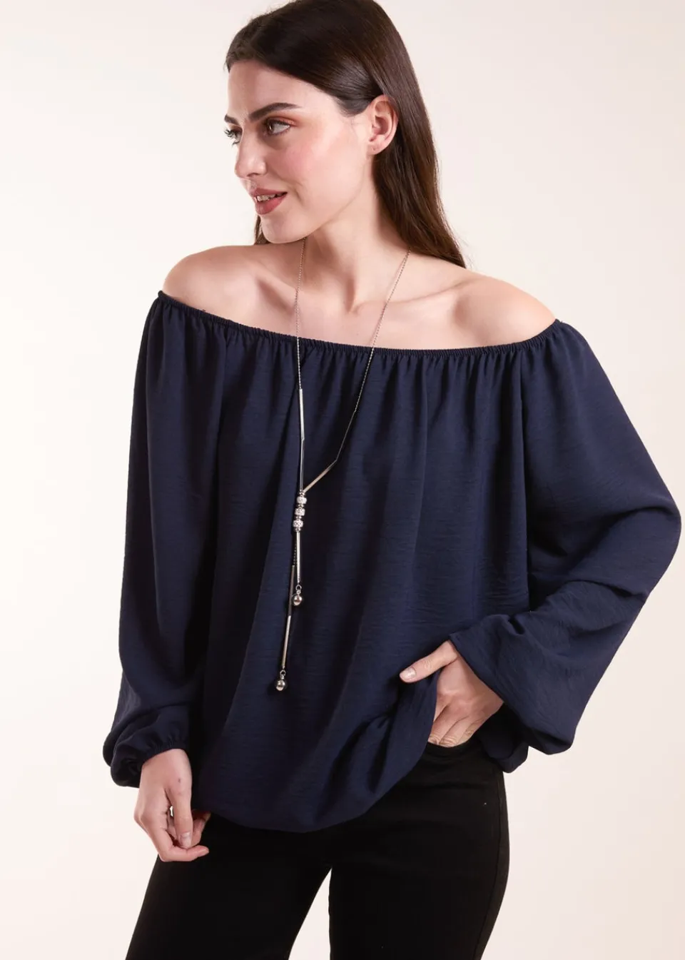 Tops>Blue Vanilla Necklace Elasticated Top Navy