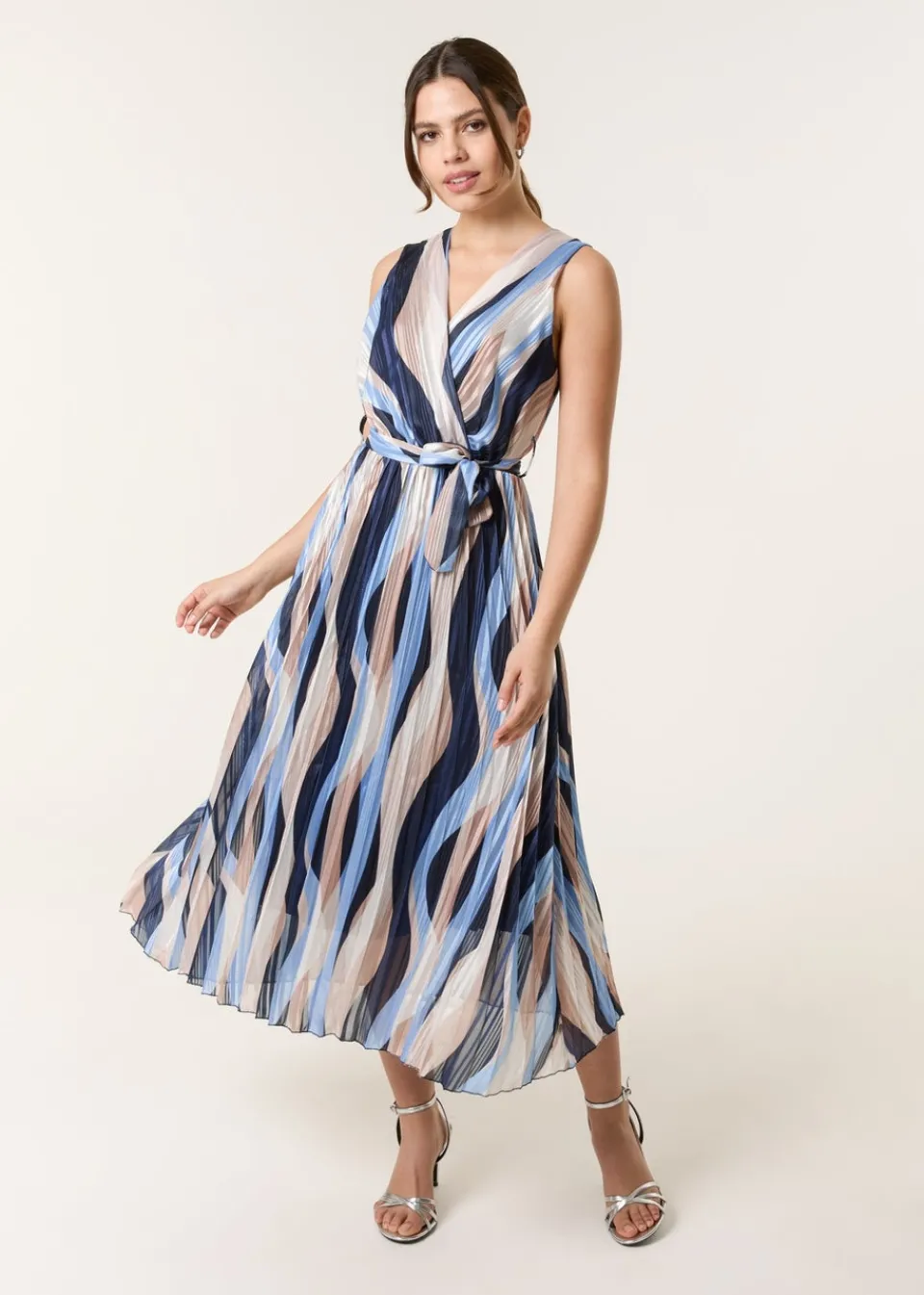 Dresses>Blue Vanilla Navy Squiggle Print Sleeveless Wrap Pleat Dress