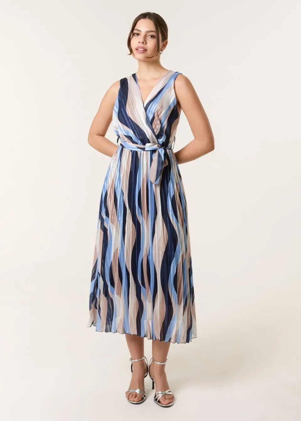 Dresses>Blue Vanilla Navy Squiggle Print Sleeveless Wrap Pleat Dress
