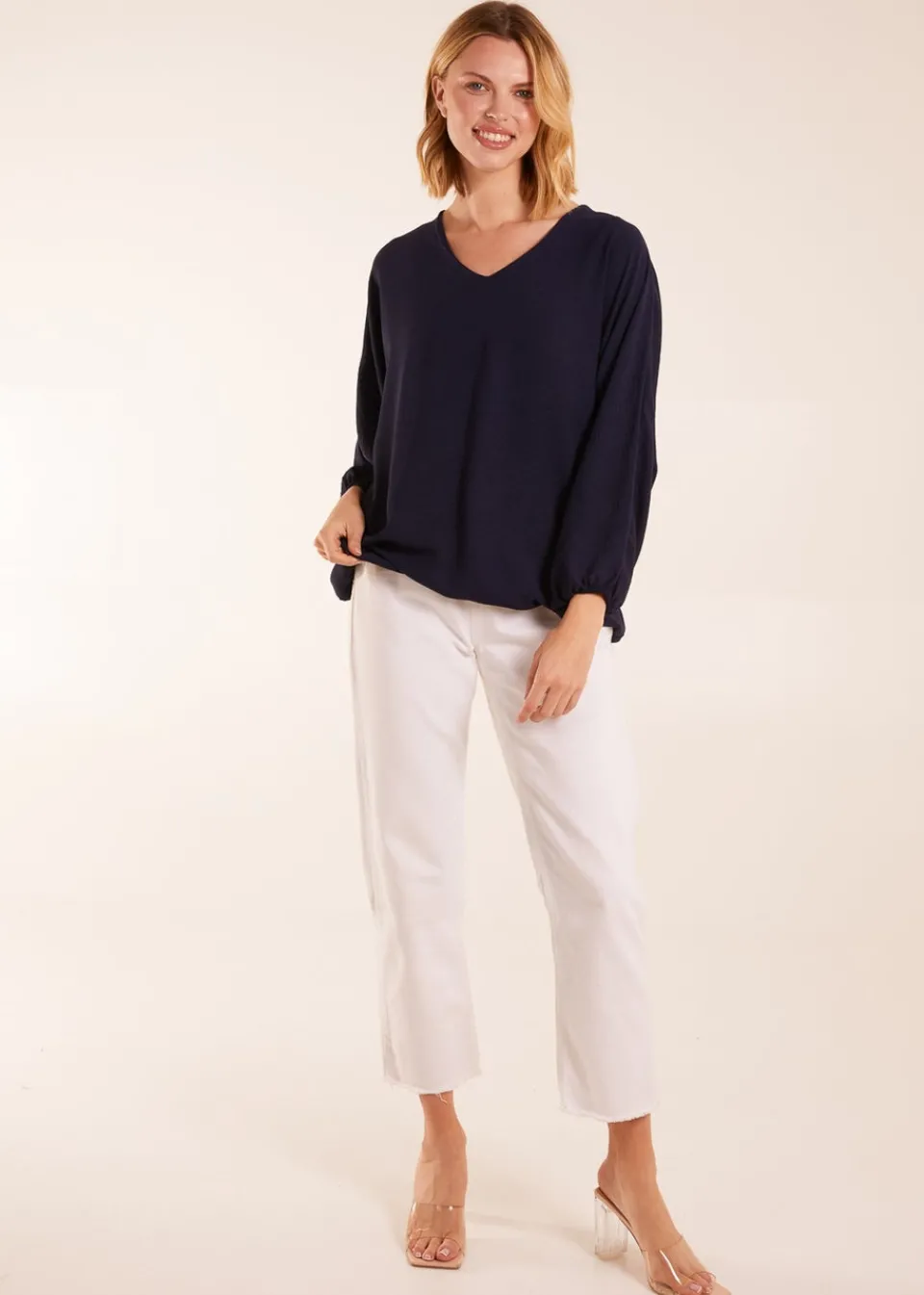 Tops>Blue Vanilla Navy V Neck Puff Sleeve Blouse