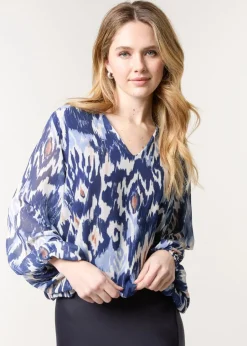 Tops>Blue Vanilla Navy V Neck Water Colour Print Blouse
