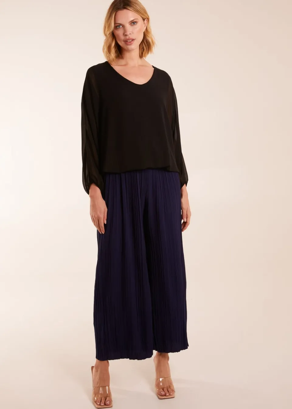 Trousers>Blue Vanilla Navy Wide Leg Pleated Trousers