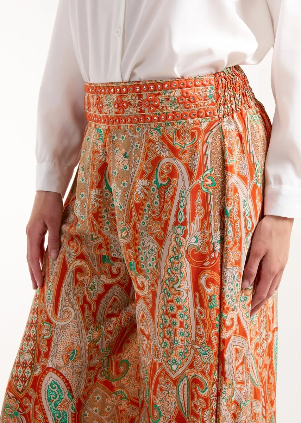 Trousers>Blue Vanilla Orange Embellished Waist Wide Leg Trousers