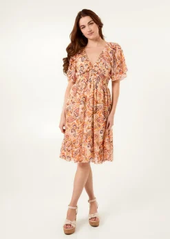 Dresses>Blue Vanilla Orange V Neck Shirred Waist Mini Dress