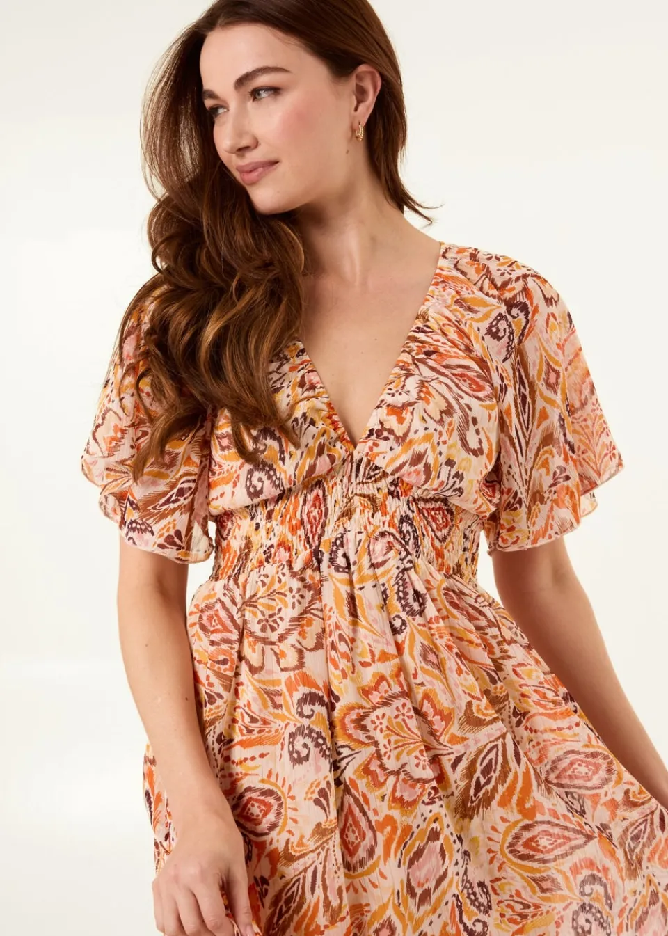 Dresses>Blue Vanilla Orange V Neck Shirred Waist Mini Dress