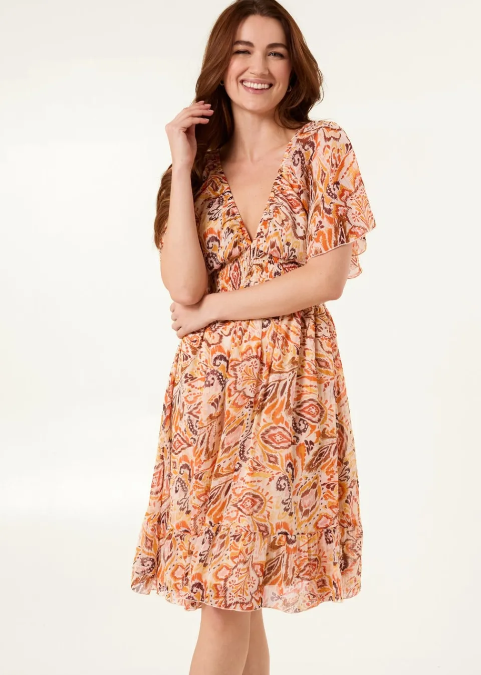 Dresses>Blue Vanilla Orange V Neck Shirred Waist Mini Dress