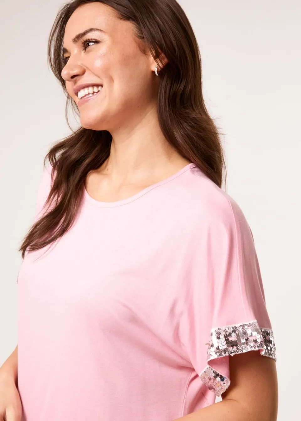 T-Shirts>Blue Vanilla Pink Sequin Trim Oversized Top