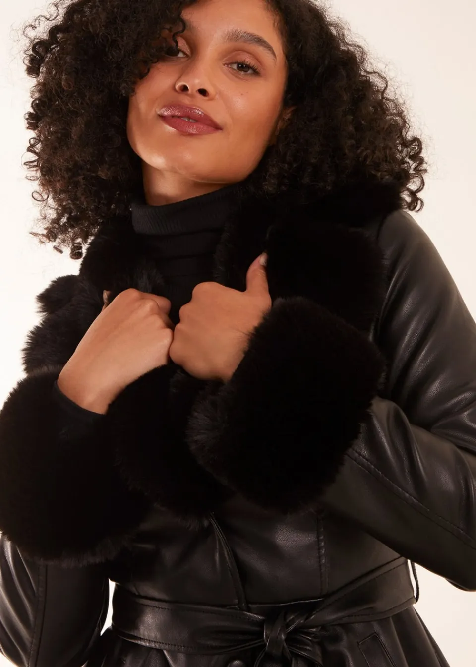 Coats & Jackets>Blue Vanilla PU Faux Fur Trimmed Belted Coat